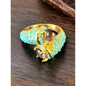 Very Unusual Gold Overlap Band Ring Size 5 w Tiny Turquoise & Small Purple Stone